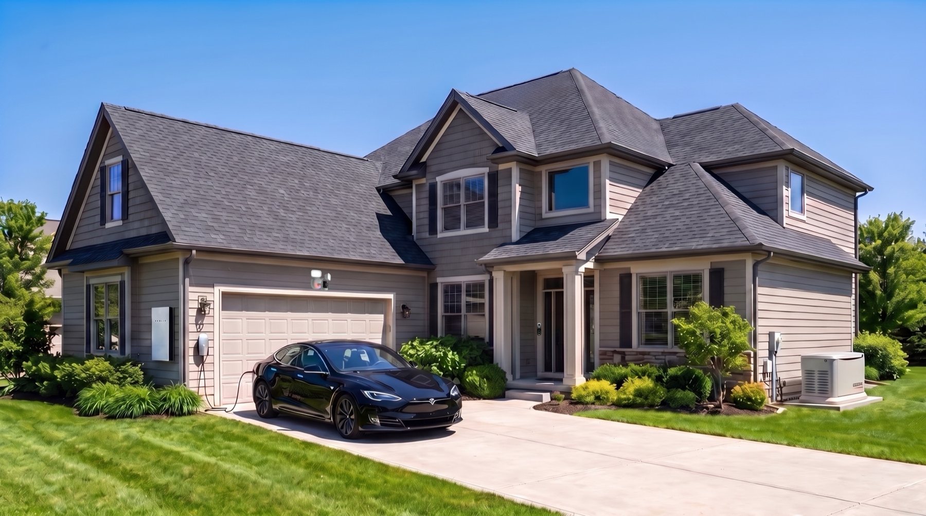 A Delta Power Group home with a Generac standby generator on a clear day