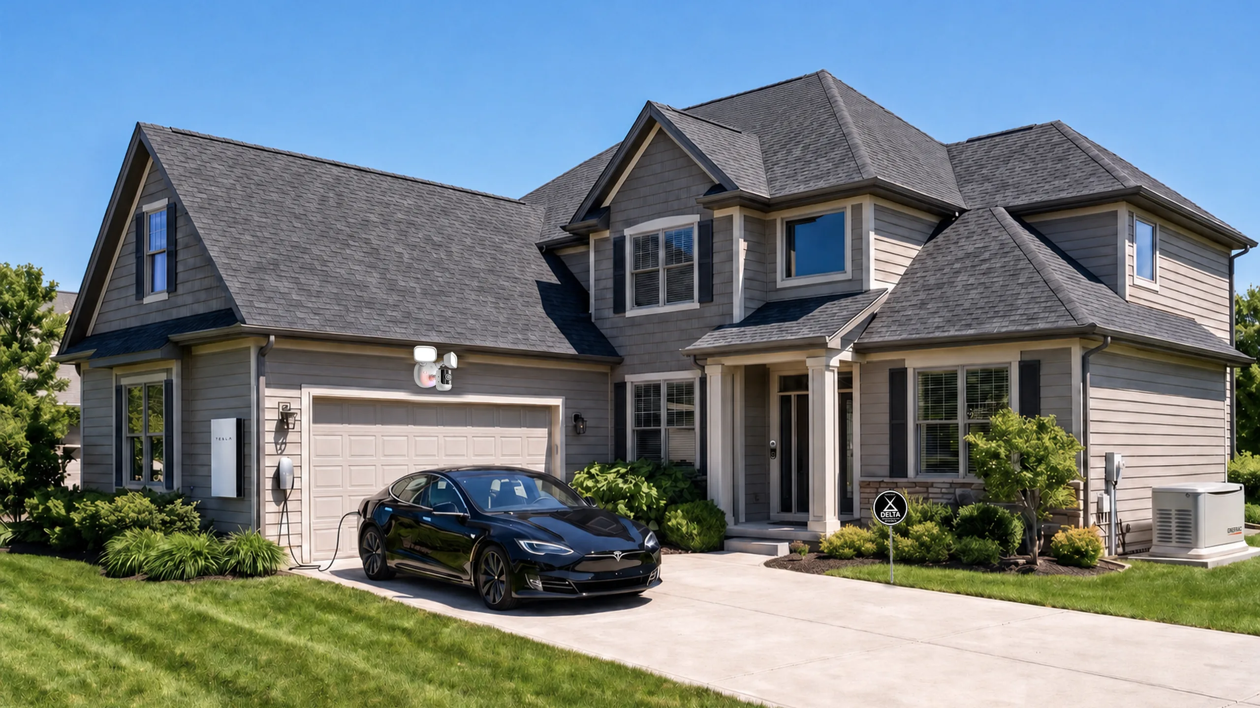 A Delta Power Group home &mdash; GAF roof, smart-home security camera, Tesla Powerwall, Tesla wall charger and a Generac generator