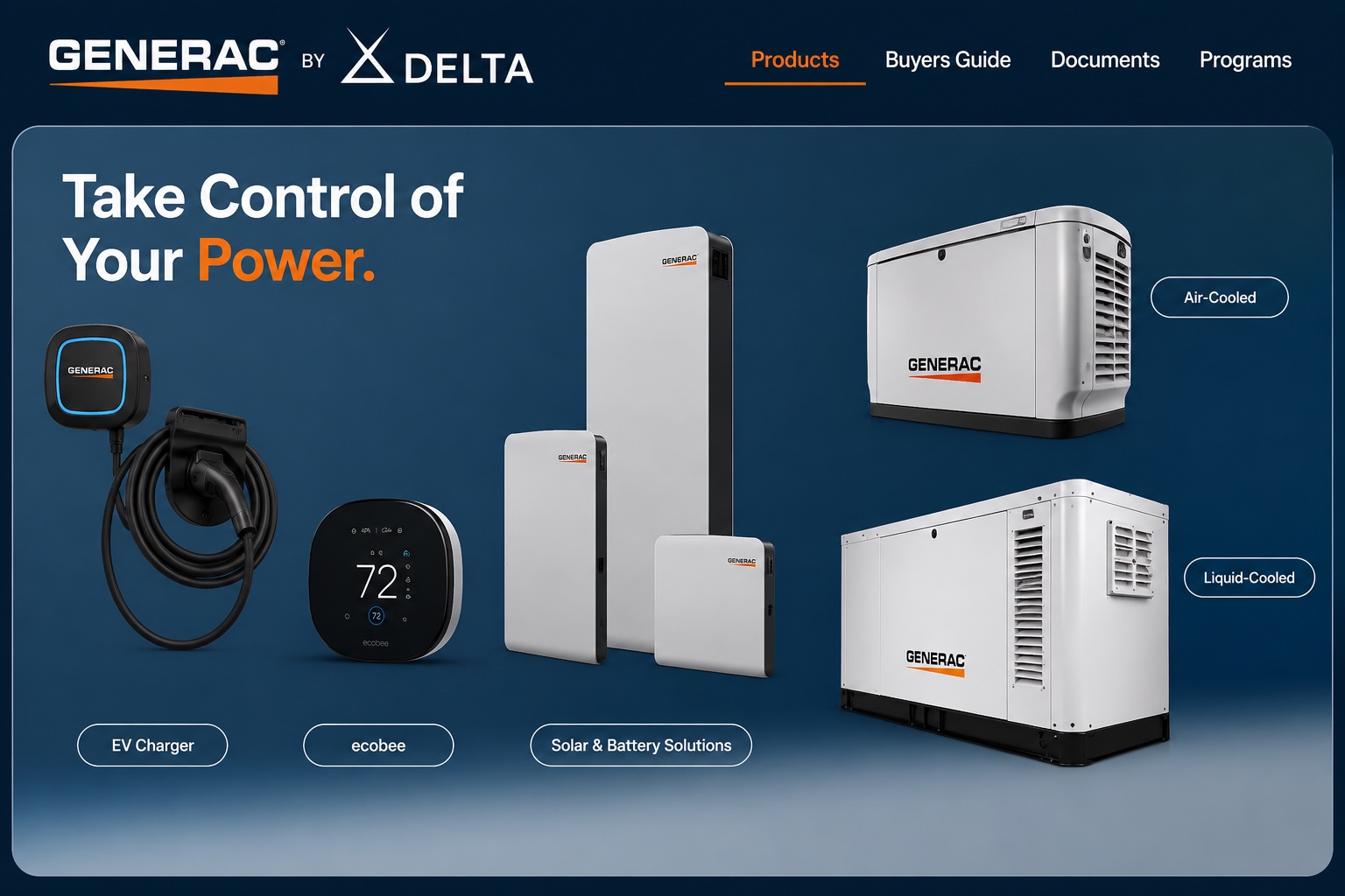 Generac by Delta — Take Control of Your Power: EV charger, ecobee thermostat, solar & battery storage, air-cooled and liquid-cooled home standby generators